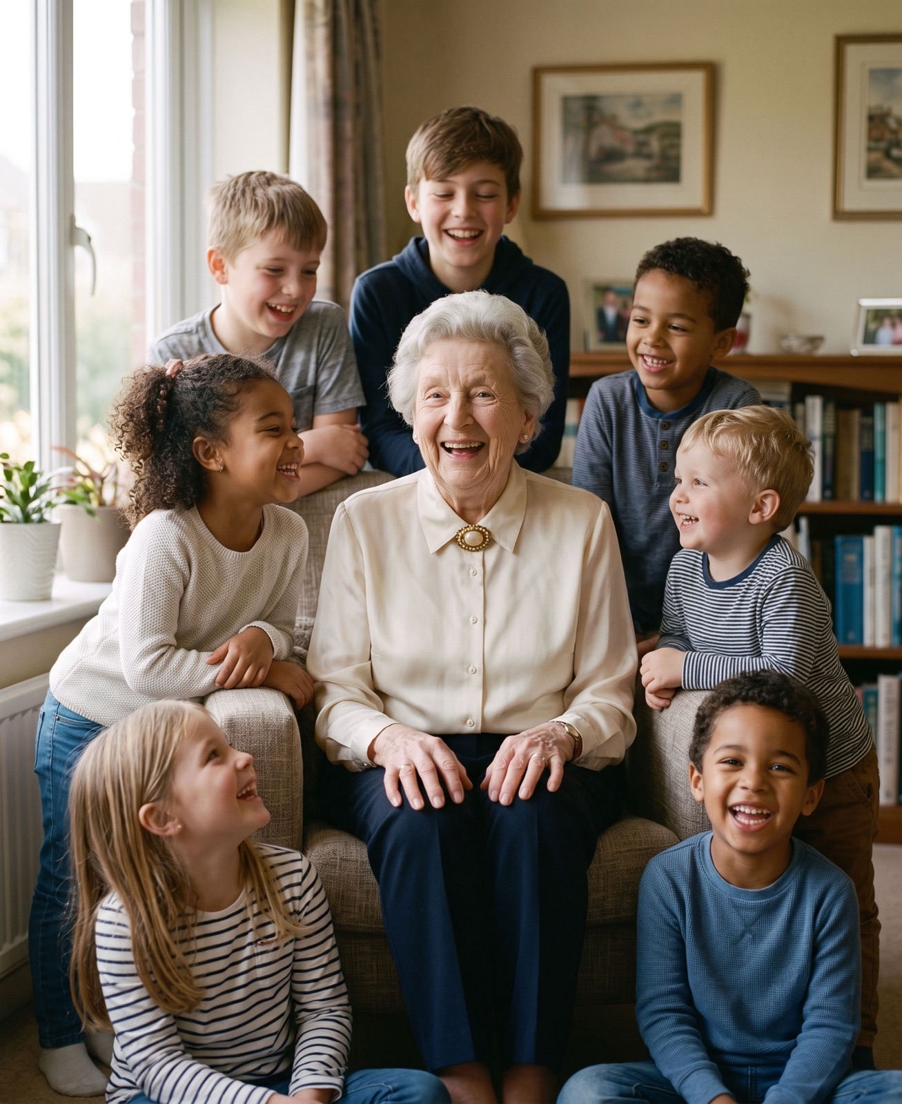 Surrounded by her great-grandkids.